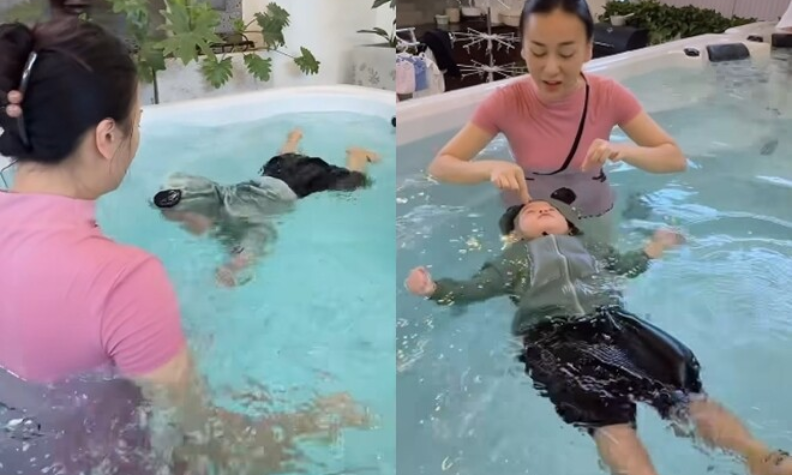 Phương Oanh cho cặp song sinh tập bơi từ sớm: Bố mẹ tranh luận trái chiều